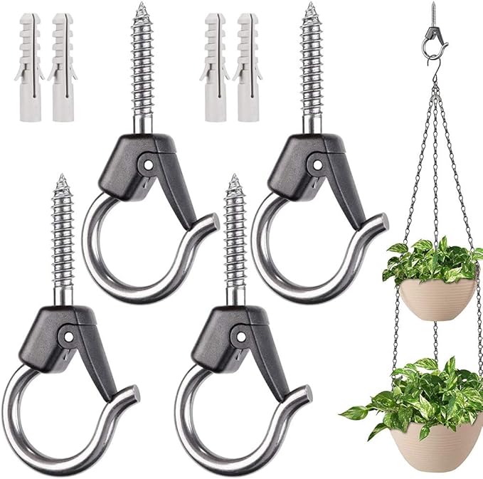 BeneLabel 4Pcs Wall Mount Ceiling Plant Hanger Hooks, Outdoor Hanging Brackets for Hanging Plant Light Outdoor Wire Fairy Lights Wind Chimes Bird Feeders, Safety Buckle Design, 4 1/4"