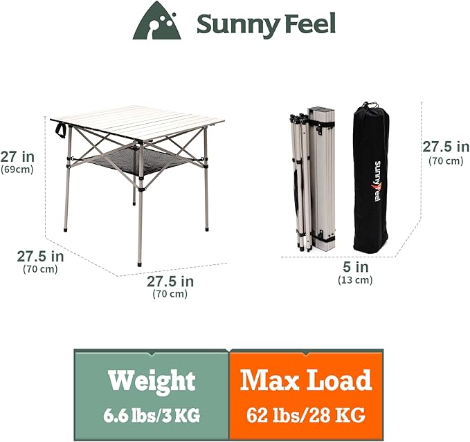 SUNNYFEEL Outdoor Folding Table | Lightweight Compact Aluminum Camping Table, Roll Up Top 4 People Portable Camp Square Tables with Carry Bag for Picnic/Cooking/Beach/Travel/BBQ