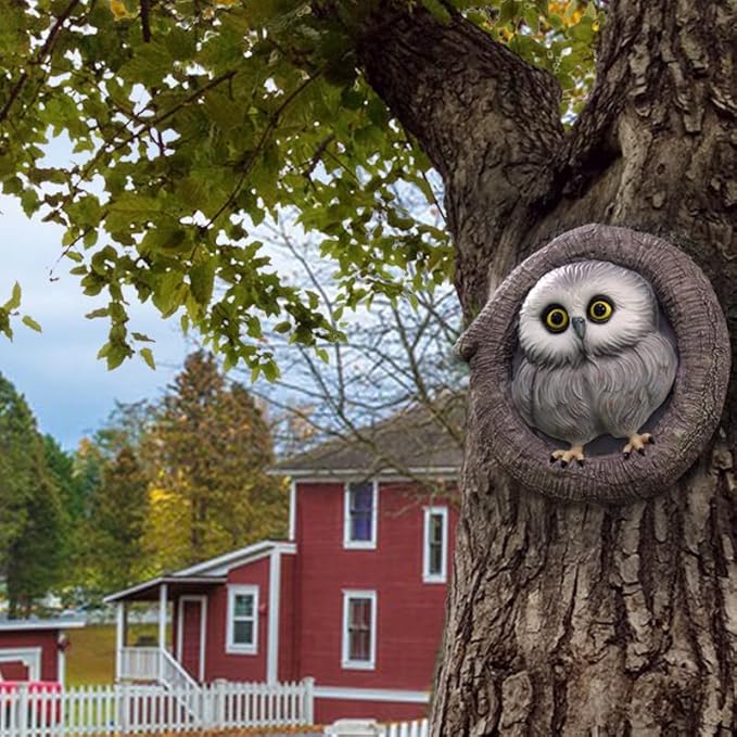 Baby Owl Resin Tree Face, Owlet Tree Hugger, Outdoor Sculpture for Tree Decorations, Whimsical Owl Garden Ornament, Tree Statue Peeker, Patio Yard Lawn Porch Decor, Durable & Waterproof Garden Present