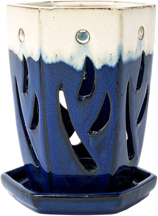rePotme 4 x 6 inch Ceramic Orchid Pot (Sky Blue Over Cobalt) - Hexagon Orchid Pot with Holes
