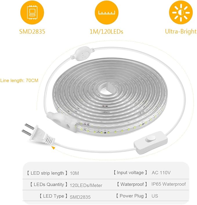 Outdoor LED Strip Lights,120LEDs/m Waterproof 32.8ft LED Light Strip Warm White Flexible LED Rope Lights for Garden Patio Cabinet,Bedroom,Commercial Lighting(32.8FT, Warm White)