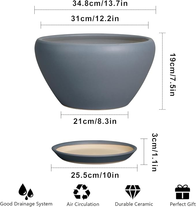 Ceramic Planter - 13 Inch Planter for Indoor Plants Large Plant Pot with Drainage Hole and Saucer Round Outdoor Planter Modern Flower Pot for Home Decor Gray