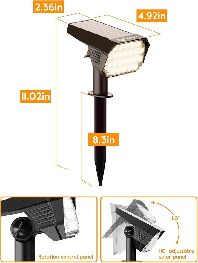 Brightown Solar Lights Outdoor Waterproof IP67, [Cool & Warm Light 2-in-1] Solar Spot Lights Outdoor, 2 Colors 3 Brightness Levels LED Outdoor Solar Lights for Yard Pathway Garden House, 2 Pack