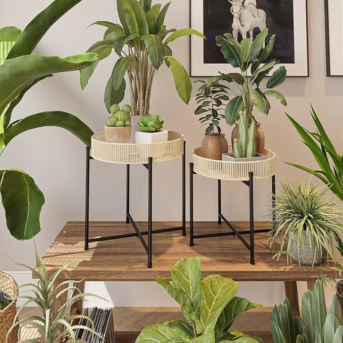 Bamworld Plant Stands Set of 2 Tall Plant Stand Indoor Rattan Plant Table for 5 Pots Plants Round Flower Stand Outdoor for Home Decor Balcony Patio
