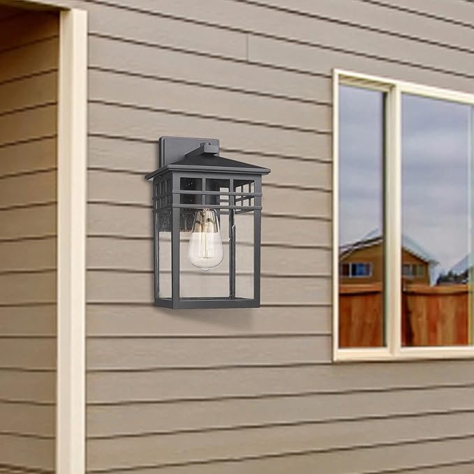 Outdoor Light Fixture Wall Mount, Modern Exterior Lights Fixture Wall Sconces with Seeded Glass for Front Porch, Farmhouse Waterproof Black Carriage Lantern Lamp Outside for Home, Garage, 2 Pack