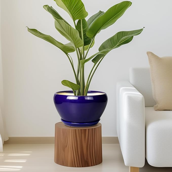 Ceramic Planter Pot 11 Inch - Indoor Planter Pot for Plants with Drainage Hole and Saucer Large Planter Round Outdoor Flower Pot Mid-Century for House Patio Decor Blue