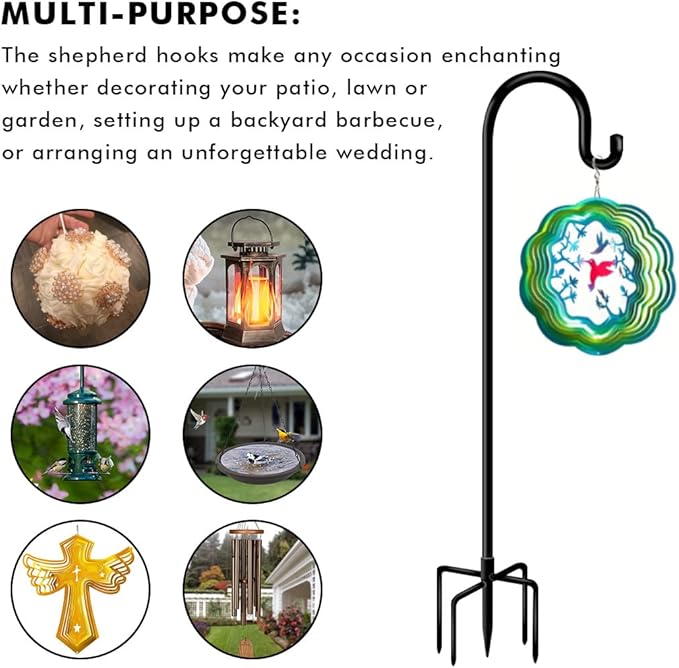 Shepherds Hooks for Outdoor Bird Feeder Poles 76inch, Heavy Duty Hummingbird Feeder Hanger for Hanging Plants Basket, Adjustable Wind Chimes Stand, 2 pcs