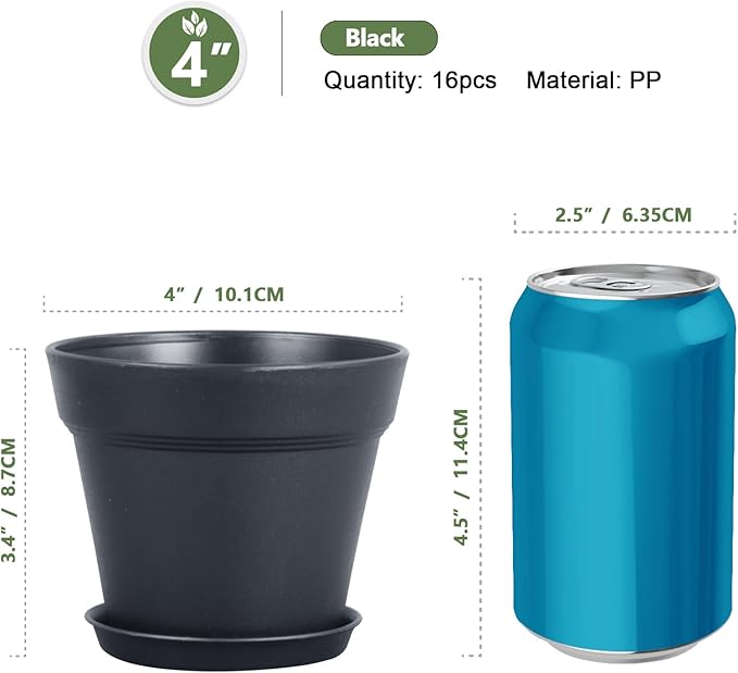 4 inch Small Plastic Nursery Pots, Seedling Pots, 16 Pack Plant Pots for Indoor Outdoor Plants, Flower Pots with Drainage Holes and Saucers, Decorative Planters for House Plants, Black