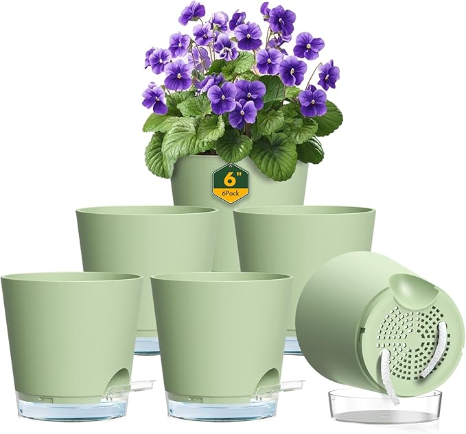 6 inch Self Watering Pots for Indoor Outdoor Plants, 6 Pack Flower Plant Pots with Drainage Holes and Clear Reservoirs, Visible Water Level, Plastic Planters with Wicking Rope, Green