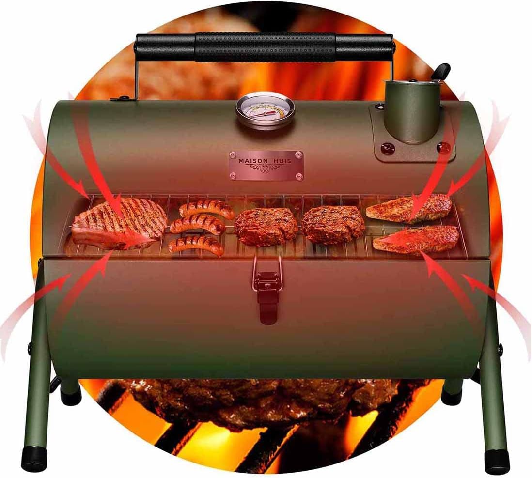MAISON HUIS Adjustable Portable Charcoal Grill Multi-functional Metal Small BBQ Smoker with 9-Piece Stainless Steel Grill Tool Set for Outdoor Hiking Picnic (Green Kit)
