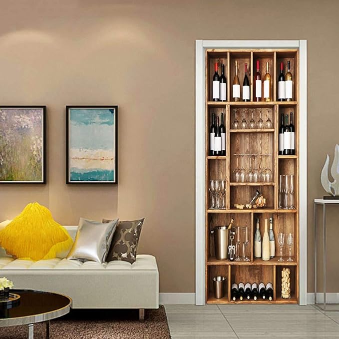 3D Door Wallpaper Self-Adhesive Door Sticker - Wine Cabinet - Door Film Poster Premium PVC Waterproof Wall Sticker for Bedroom Living Room Door Decoration Wallpaper 77 x 200 cm