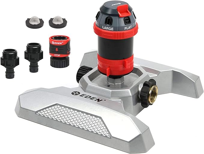 Eden 96122 Metal Adjustable 6-Pattern Mobile Rotary Gear Drive Garden Sprinkler for Yard W/Quick Connect Starter Set, Waters up to 80 ft. in Diameter