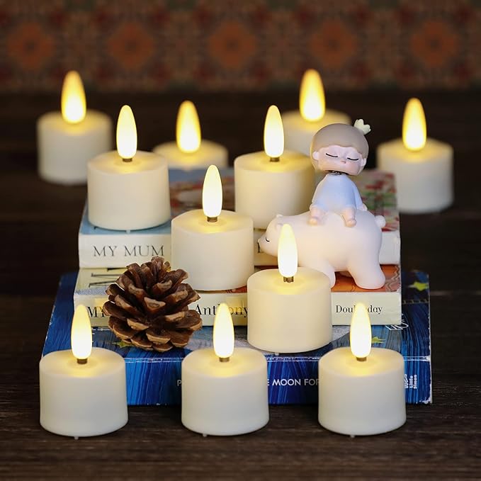 12 PCS 3D Wick Rechargeable Flameless Tealight Candles with Remote and Timer, Battery Operated Flickering LED Tea Lights, Durable & Lovely Fake Tea Candles, Ideal for Pumpkin/Bar/Party Decor