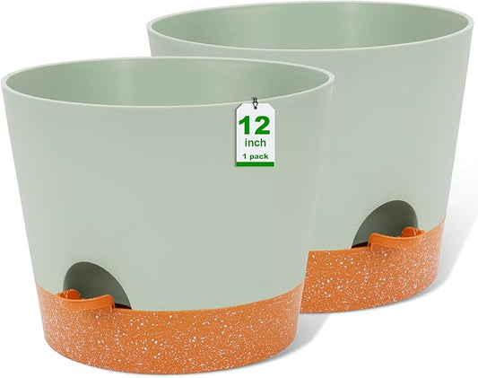 GARDIFE 12 inch Plant Pots, planters, Self Watering Pots, 2 Pack Large Plastic Flower pots with Deep Reservior and High Drainage Holes for Indoor Outdoor Plants and Flowers, Green