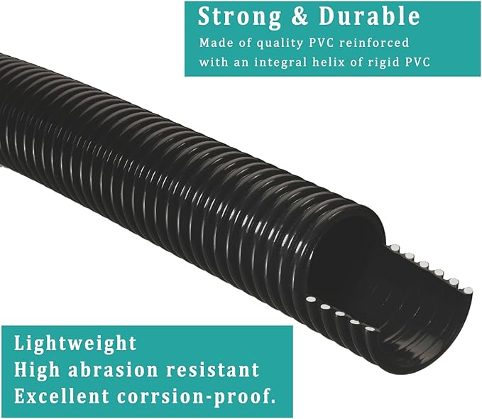 Pond Tubing ID 1 1/2” × 20ft Black Corrugated Flexible Reinforced Waterfall Pond Tube Sump Pump Hose, Non-toxic & Kinkproof (20 ft, 1 1/2" ID 38mm)