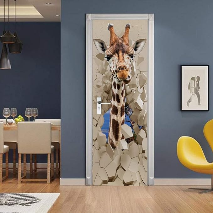 Giraffe 3D Door Sticker Mural - Waterproof PVC, Peel & Stick, Removable, Self-Adhesive Decals for Bedroom, Living Room Decoration - 30.3 x 78.7 inch