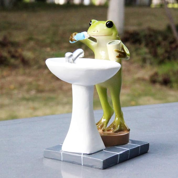 Tfro & Cile Frog Garden Statue Decor Miniature Animal Figurine Outdoor Fairy Brushing Teeth Sculpture for Bathroom - 3.3 Inch Height