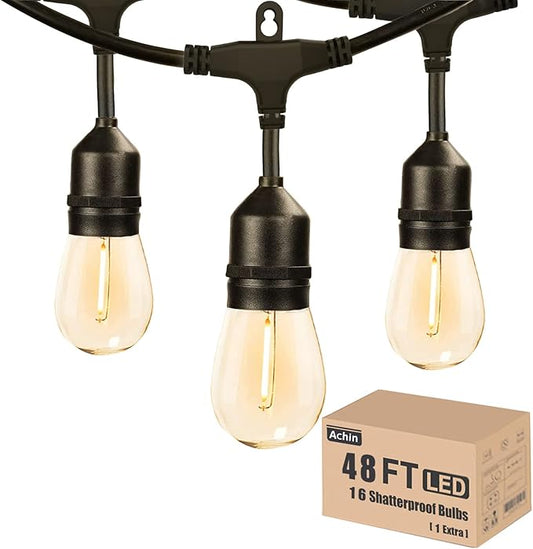 Achin Outdoor String Lights 48FT Dimmable Warm 2200K LED Patio Lights Outdoor Waterproof with 16 Plastic Bulbs Shatterproof String Lights for Outside Deck Gazebo Bistro Lights