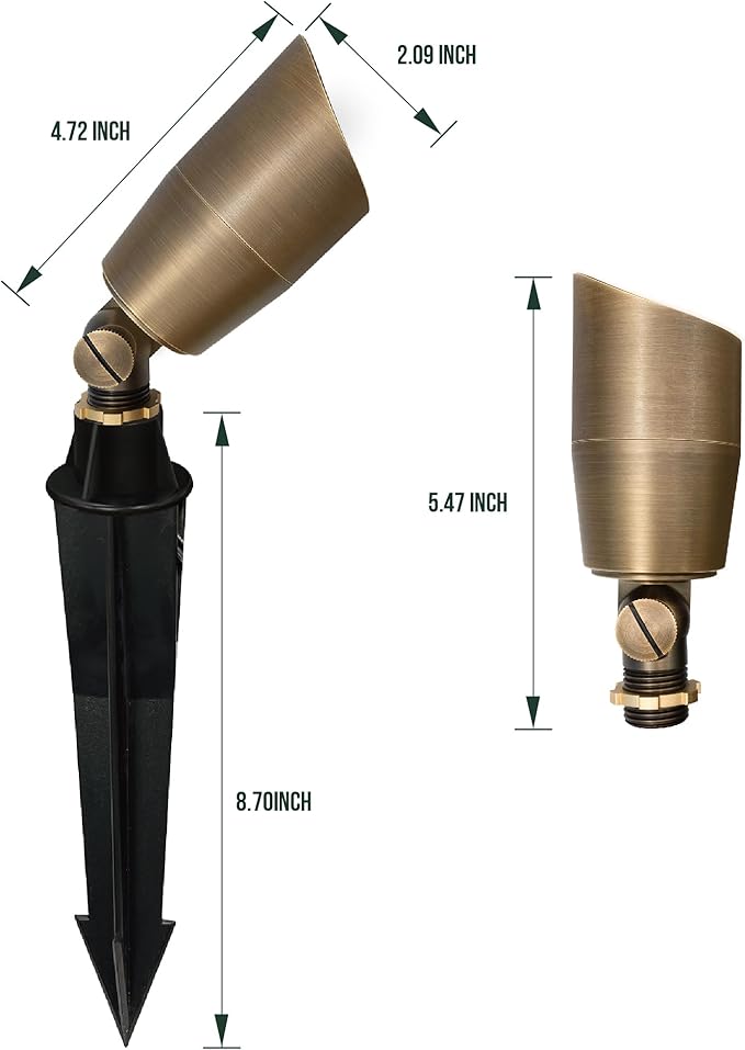 GKOLED Solid Brass Low Voltage Compact Spotlight, 12V AC/DC Waterproof Outdoor Landscape Spot Lights for House Trees Garden Yard Lawn, Up Light with 5W 2700K MR16 Bulb, Stake Included