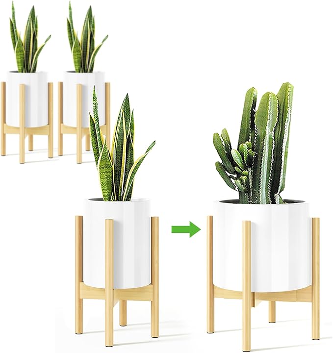 MUDEELA 2 Pack Adjustable Plant Stand Indoor, Bamboo Plant Stand 8 to 12 Inches, Single Floor Plant Stand for Indoor Plants, Natural Planter Stand for Indoor Plants, Pot Plant Not Included