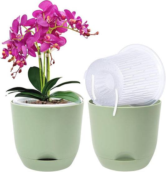 QCQHDU 2 Pack Orchid Pots with Holes for Repotting, Double-Layer and Self Watering Orchid Pot with Good Air Circulation