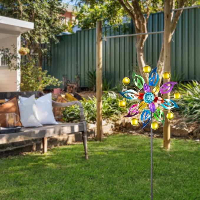 DREAMYSOUL 2 Packs Wind Spinners for Yard and Garden, Colorful Pinwheel Metal Wind Sculpture Outdoor Yard Art for Garden, Patio, Lawn Decor (11" Dia * 37.8" H)