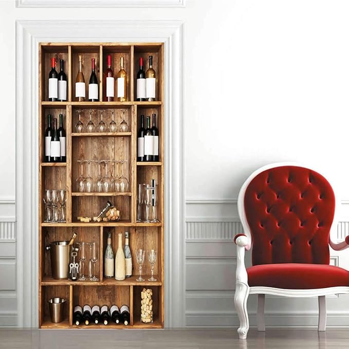 3D Door Stickers Murals Peel and Stick - Wine Cabinet - Door Wallpaper Self-Adhesive Door Decals Removable PVC Waterproof Door Poster for Bedroom Living Room Door Wall Decoration 37.4 x 84.6 inch