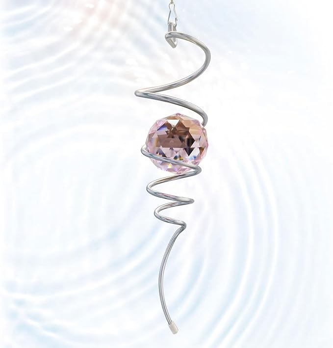 Gazing Ball Spiral Tail, Spiral Wind Spinners with Pink Crystal Orb with Swivel Hook, Suncatcher Rainbow Maker Hanging Garden Ornament Outdoor Decoration Indoor Outdoor Decor 13 inch Height