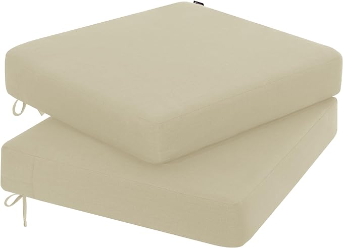 Favoyard Outdoor Chair Cushion 19 x 19 x 3 Inch Rainproof & 3-Year Fade Resistant Patio Furniture Cushions with Removable Cover and Adjustable Ties for Garden Sofa Couch Pads Set of 2, Beige
