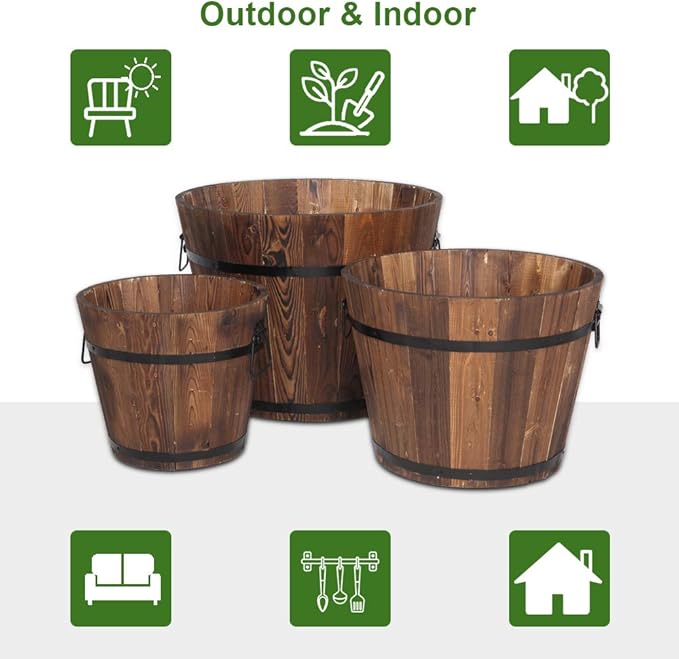 3 Pcs Wooden Planter Barrel Set, Outdoor Flower Pots with Handle & Drainage Holes, Rustic Whiskey Barrel Planter for Plants, Herbs, Veggies, Indoor Outdoor Use