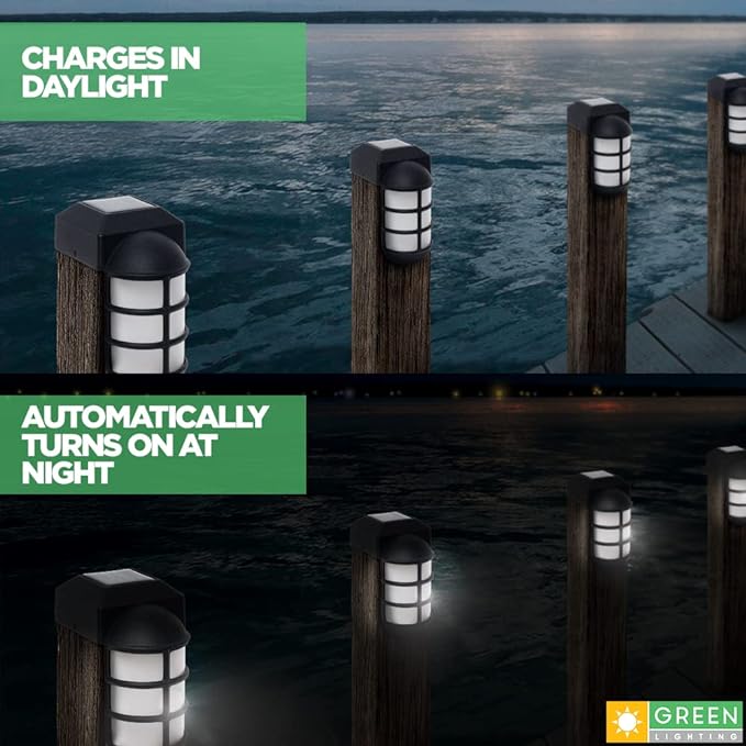 GreenLighting Marina Solar Post Cap Lights Fits 4x4 Nominal Wood Outdoor Solar Powered Post Cap Light, Fence Post, Landscaping, Deck, Garden- Bright LED, Waterproof Nautical Lighting Black 12 Pack
