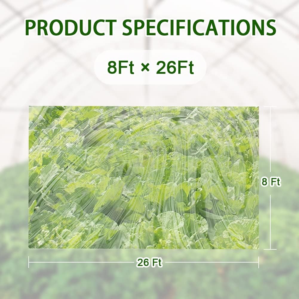 6 mil Greenhouse Plastic Film Sheeting Cover 8 x 26 Ft UV Resistant Clear Polyethylene Film Green House Hoop Farm Plastic Cover for Gardening, Farming, Agriculture