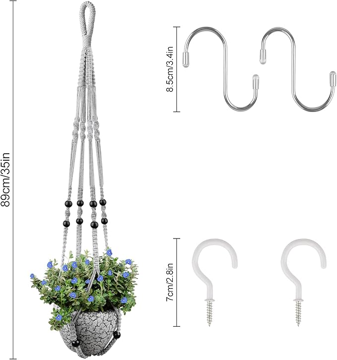 RIFNY Macrame Plant Hanger for 5 to 10 Inch Plant Pots, 35 Inch Indoor Handmade Woven Rope Hanger Kits with Hooks and Wood Beads, Hanging Planter Basket Holder for Boho Home Decor (Grey, 3 Pack)