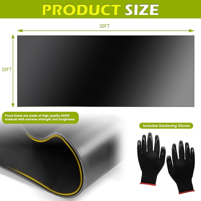 20 x 30 FT Pond Liner, 20 Mil Pond Liners for Outdoor Ponds, HDPE Pond Liner Easy Cutting Puncture Resistant, Pond Liners for Water Garden Fountain Waterfall, Koi Fish Aquaculture Pond