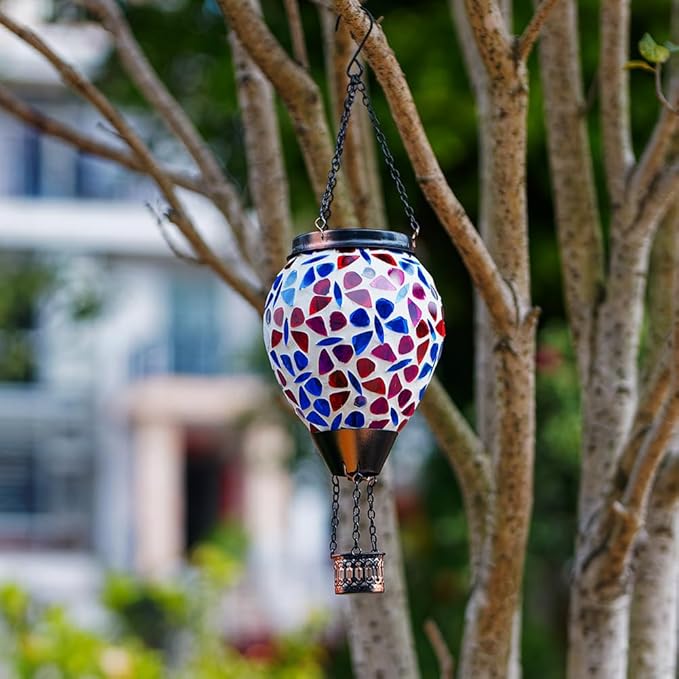 DREAMSOUL Butterfly Mosaic Hot Air Balloon Solar Lantern Hanging Glass Decorative LED Light Solar Lanterns Outdoor Waterproof