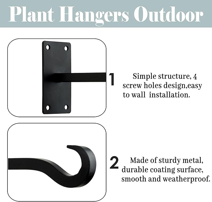 Qiang Ni Bird Feeder Hanger: 8-Inch Wall-Mounted Plant Bracket Outdoor - 2 Pieces Black Plant Hooks for Hanging Flower Baskets