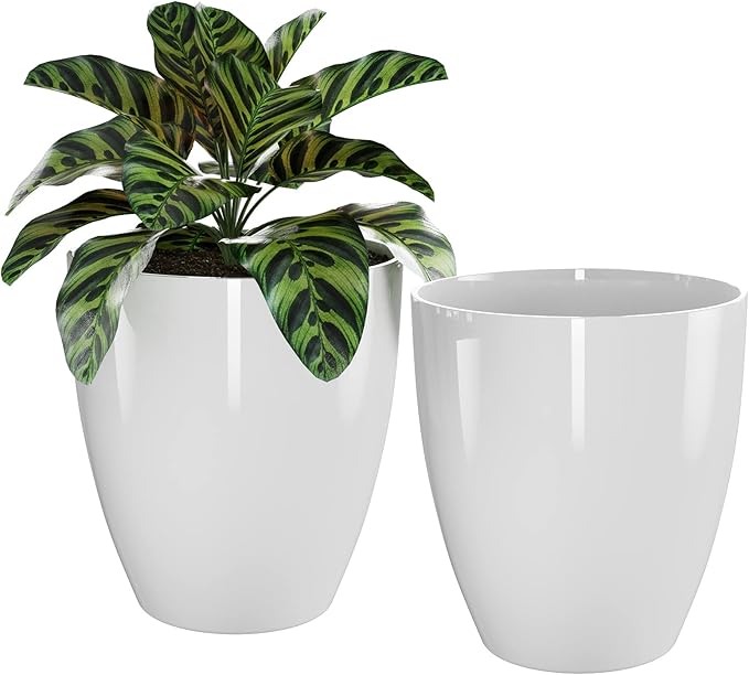 QCQHDU Plant Pots Set of 2 Pack,10 Inch Plant Pot for Indoor and Outdoor Plants with Drainage Hole,Flower Pots Modern Decorative Planter for Garden Plants (White)