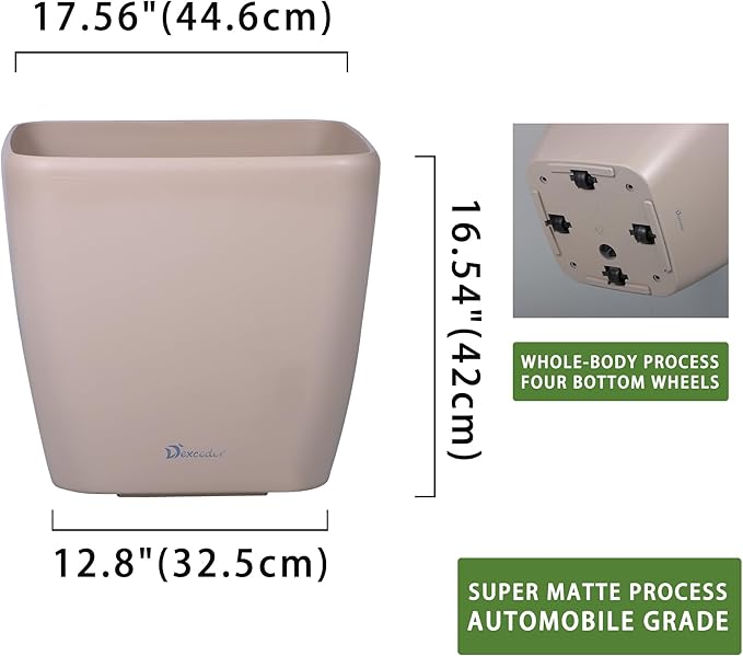Dexceder 18x17 Self Watering Planter with Wheels Indoor Outdoor, Inner Mat Design, Thickened Large Floor Standing Flower Plant Pot with Water Level Indicator (Taupe Matte)