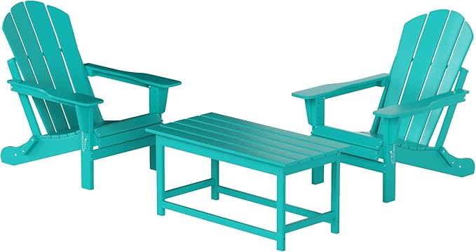 WO Home Furniture Adirondack Chairs Table Set of 3 PCS Outdoor Folding Chairs Coffee Table Weather/UV Resistant for Lawn, Garden, Bon Fire, Balcony (Turquoise)