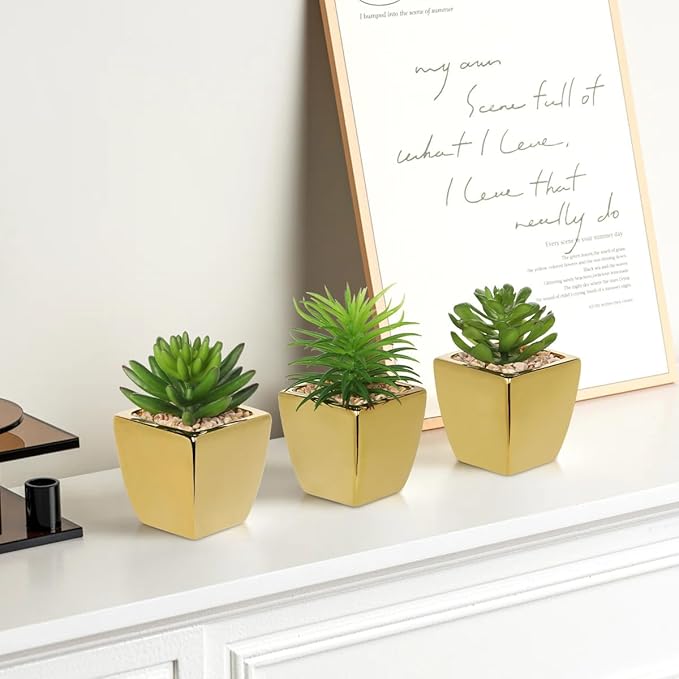 Hollyone Small Succulents Artificial 3 Pcs Faux Succulents with Gold Pots Mini Fake Succulent Plants Indoor Plant Ceramic Pots for Modern Office Desk Bathroom Shelf Living Room Home Decor