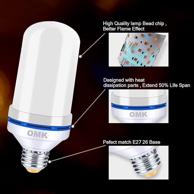 OMK LED Flame Effect Fire Light Bulbs (2 Pack), Flame Christmas Decor 4 Modes Flickering Fire Simulated Lamps, E26 Base Energy Efficient LED Bulb for Indoor/Outdoor Holiday