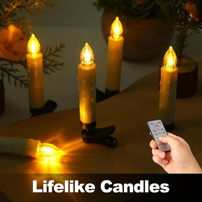 LED Christmas Candles, Flickering Clip on Candles for Christmas Tree, Battery Operated with Remote Timer, Warm White Light, Flameless Taper Candles for Home Christmas Decor, Set of 20