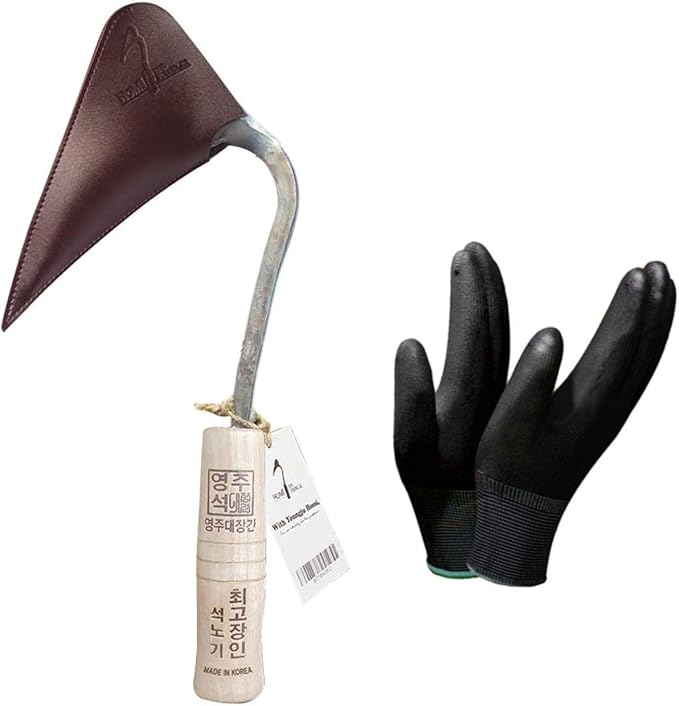 HandPlowHoe Gardentool with Safety Cover for Easy Gardening, Weeding and Farming Made by Korean Master Blacksmith (M GLOVE)