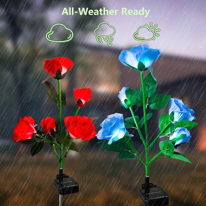 Solar Garden Lights Outdoor, 4 Pack Flower Lights for Outside, 16 Solar Lilies with Butterflies, Waterproof Garden Decor for Yard, Patio, Gifts for Women Mom (4 pcs 7-Color Rose)