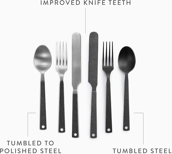 Barebones Flatware Silverware Set - Formal Camping Utensils - Stainless Steel Cutlery Set of 6 - Camping Utensil Set with Forks, Knives, and Spoons (Matte Black)