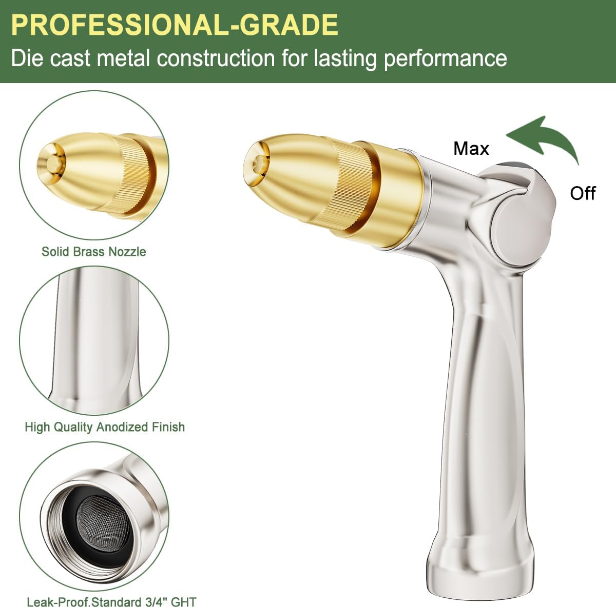 FANHAO Professional Heavy Duty Garden Hose Nozzle, 100% Metal Thumb Control Water Nozzle with Brass Tip, High Pressure Adjustable Water Hose Sprayer for Lawn & Plant Watering, Car & Pet Washing