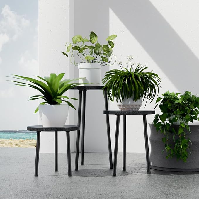 Plant Stand Indoor Tall: Corner Wood Plant Stand 2 Pack Mid Century Modern Decor - Small Round Plant Table for Indoor Plants - Outdoor Plant Holder for Patio Living Room Bathroom Office (Black)