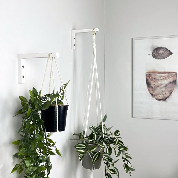 2-Piece Set of Plant Hooks for Wall 6 Inch - L-Shaped Mounted Wooden Plant Hook - Indoor and Outdoor Bracket Plant Hanger for Planters, Lanterns, Bird Feeders and Plant Basket (White)
