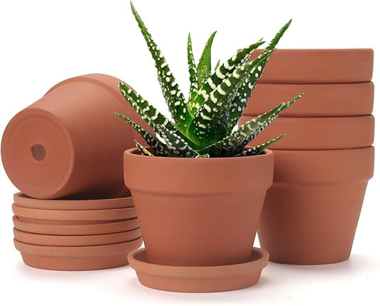 6 PCS Clay pots and Plates, 5-inch red Clay pots with Drainage, Perfect for Indoor, windowsill, and Garden Plants