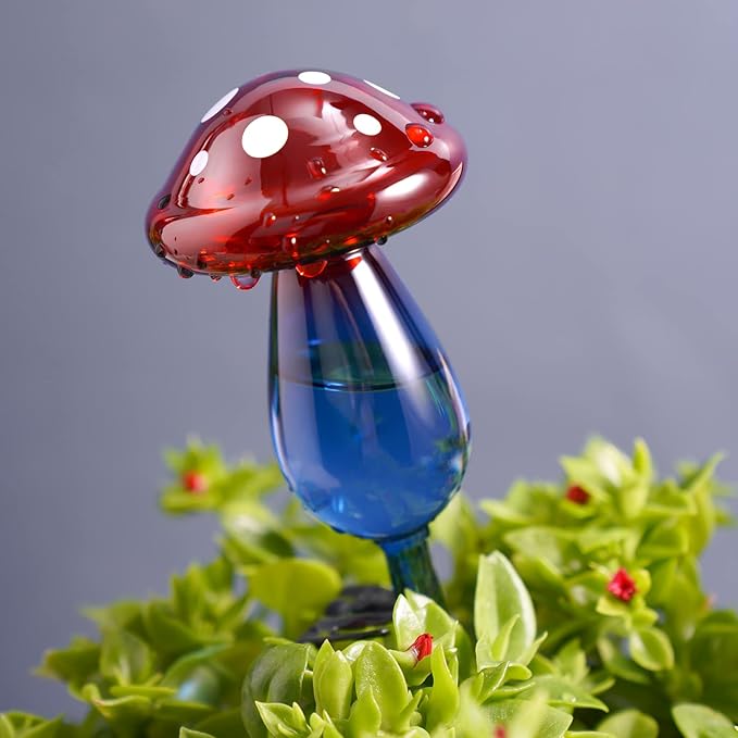 NiHome Mushroom Spike Self-Watering Bulb 2-Pack 10" Long Gradient Red Blue Hand-Blown Glass Globe Pot Plant Waterer for Home Indoor Outdoor Garden Patio Hanging Flower Automatic Irrigation System